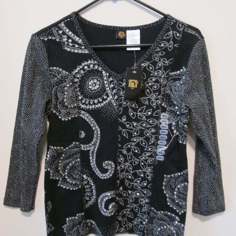 Bila Beaded Black Blouse Small NWT